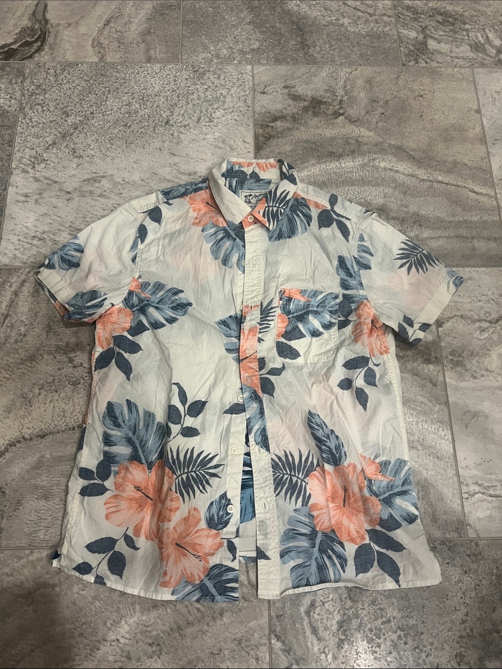 American Eagle White Short-Sleeve Floral Button-Up Shirt - Blue & Coral Print